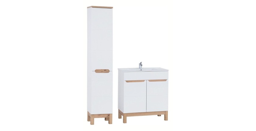 Ensemble ERMANO : meuble sous vasque 80cm + colonne de rangement avec panier à linge
