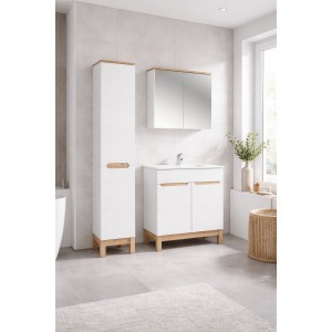 Ensemble ERMANO : meuble sous vasque 80cm + colonne de rangement avec panier à linge mis en situation