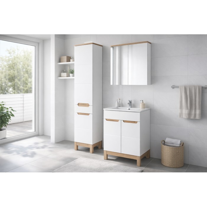 Badezimmer-Set ERMANO: Waschtischunterschrank 80cm + rechteckiges Einbauwaschbecken + Siphon + Hochschrank