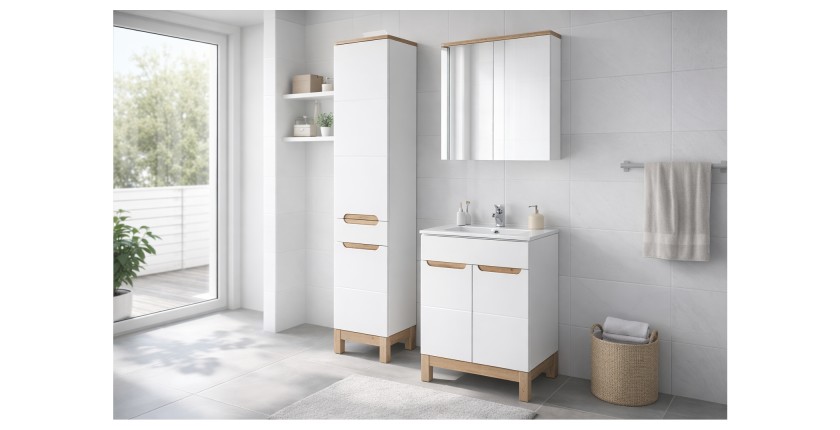 Ensemble ERMANO : meuble sous vasque 80cm + colonne de rangement mis en situation