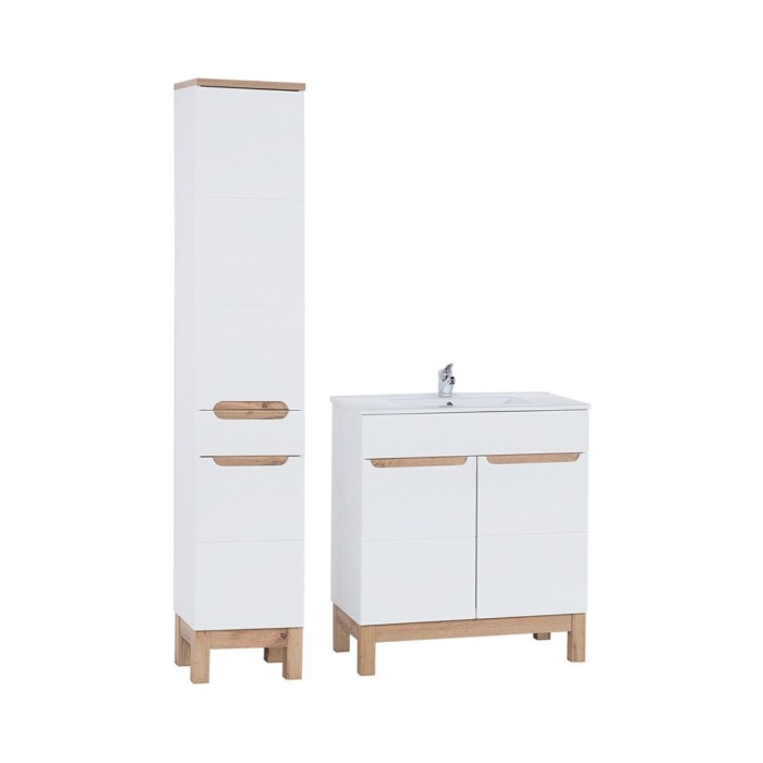 Badezimmer-Set ERMANO: Waschtischunterschrank 80cm + rechteckiges Einbauwaschbecken + Siphon + Hochschrank