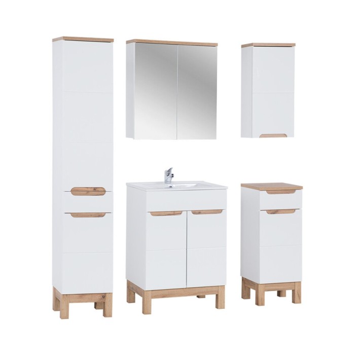 Set ERMANO: Waschtischunterbau 60cm + Einbauwaschbecken + Siphon + Säule + Aufbewahrungsmöglichkeiten + Schrank mit Spiegeln