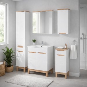 Ensemble ERMANO complet : meuble sous vasque 60cm, colonne, rangements et rangement avec miroirs mis en situation