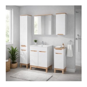 Ensemble ERMANO complet : meuble sous vasque 60cm, colonne, rangements et rangement avec miroirs mis en situation