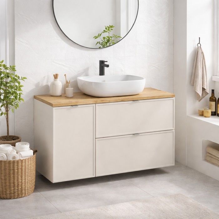 Badezimmer-Set BRAZZA: Unterschrank 120cm mit integriertem Wäschekorb + Platte für Waschbecken + Aufsatzwaschbecken