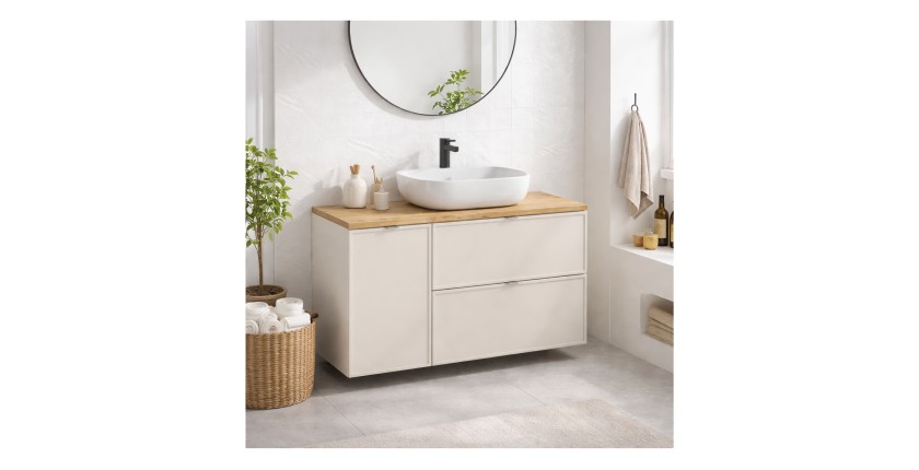 Ensemble BRAZZA : meubles sous vasque avec panier à linge et vasque à poser mis en situation