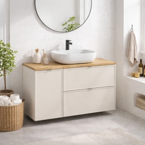 Ensemble BRAZZA : meubles sous vasque avec panier à linge et vasque à poser mis en situation