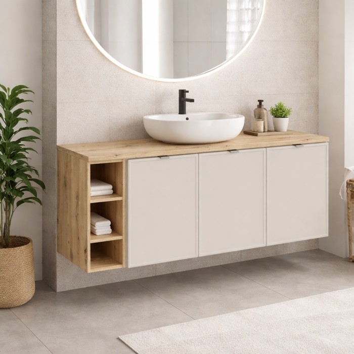 Badezimmer-Set BRAZZA: Waschtischunterschrank 140cm mit sichtbaren Nischen + Waschtischplatte