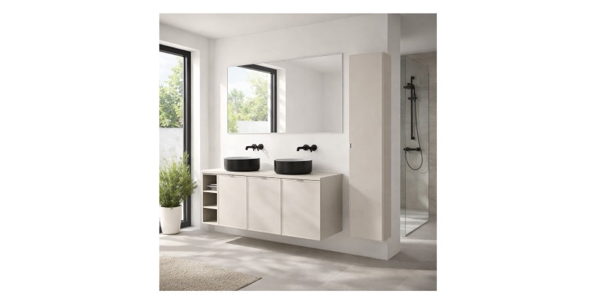 Ensemble BRAZZA : meuble sous vasque, niches visible, colonne et vasque noire mis en situation