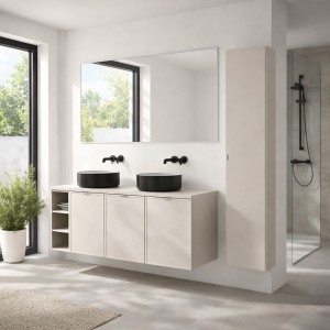 Ensemble BRAZZA : meuble sous vasque, niches visible, colonne et vasque noire mis en situation