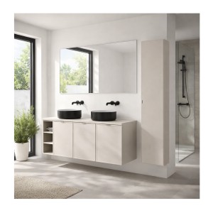 Ensemble BRAZZA : meuble sous vasque, niches visible, colonne et vasque noire mis en situation