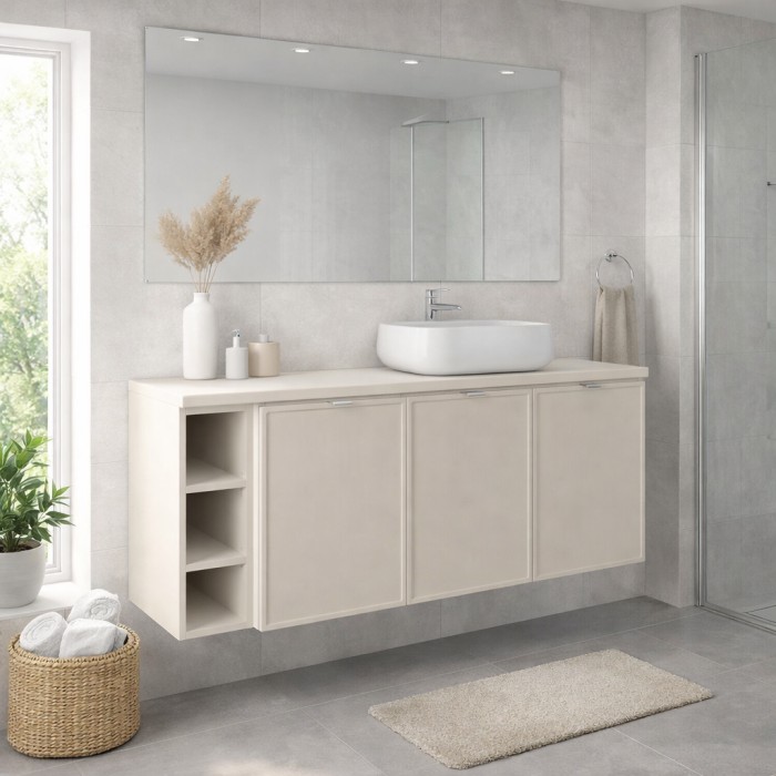 Insieme BRAZZA: mobili sotto lavabo 140cm con nicchie visibili + piano per lavabo + lavabo rotondo da appoggio