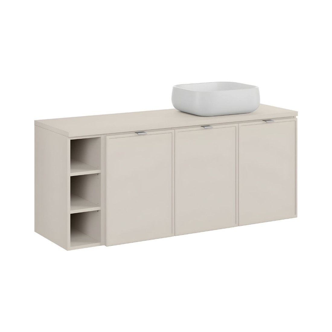 Conjunto BRAZZA: muebles bajo lavabo de 140cm con nichos visibles + encimera para lavabo + lavabo redondo de sobreponer