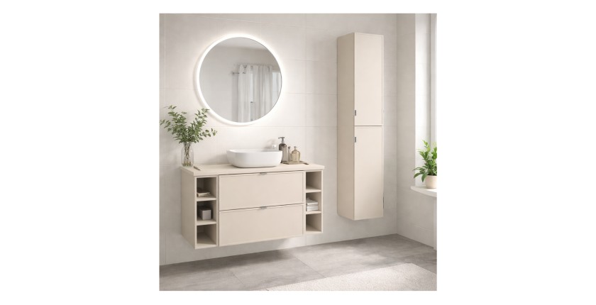 Ensemble BRAZZA : meuble sous vasque à tiroirs, colonne, niches visibles, vasque à poser mis en situation