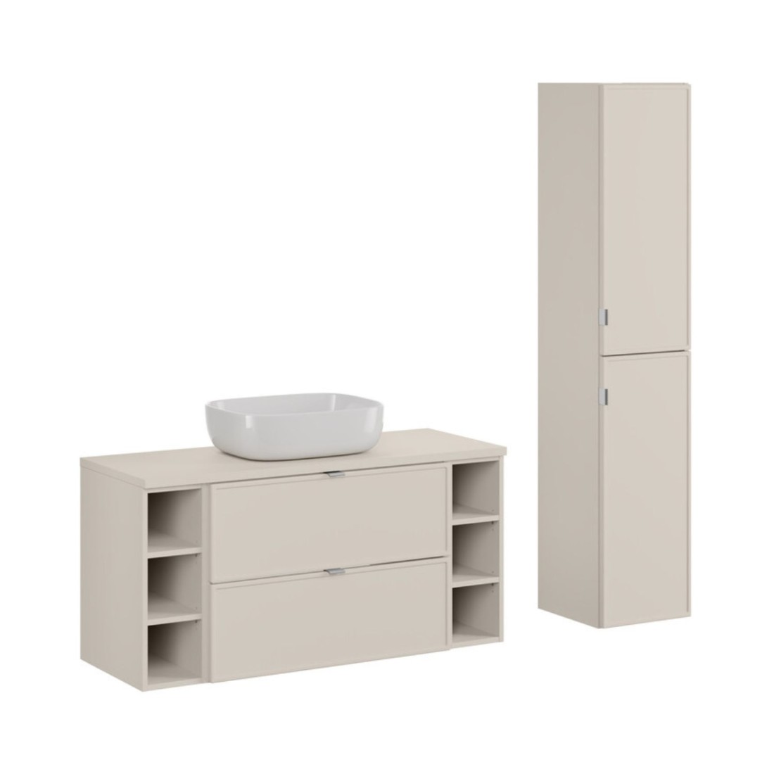 Ensemble BRAZZA : meuble sous vasque à tiroirs, colonne, niches visibles, vasque à poser