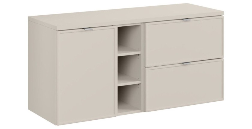 Set BRAZZA: Waschtischunterschrank 120cm mit sichtbaren Nischen und Wäschekorb + Waschtischplatte