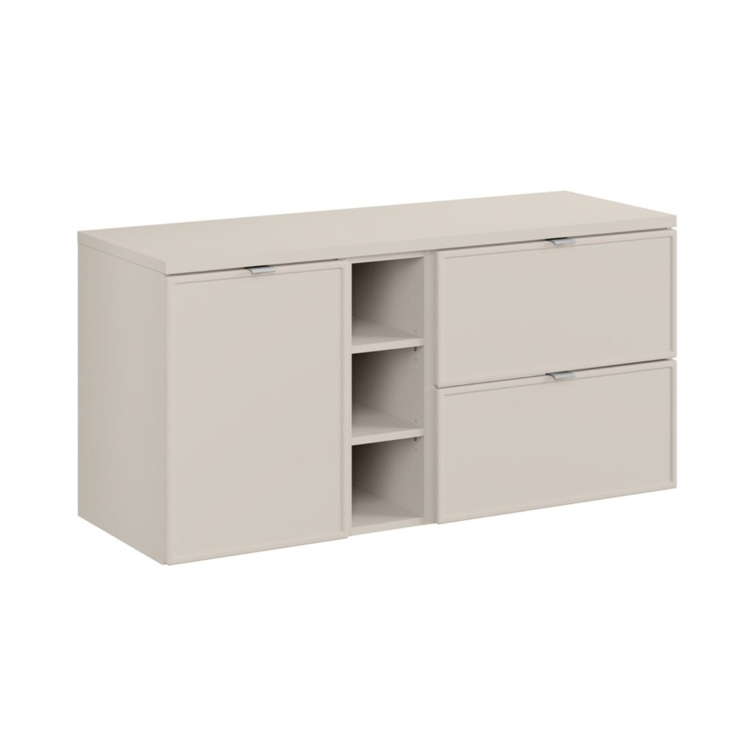 Set BRAZZA: Waschtischunterschrank 120cm mit sichtbaren Nischen und Wäschekorb + Waschtischplatte
