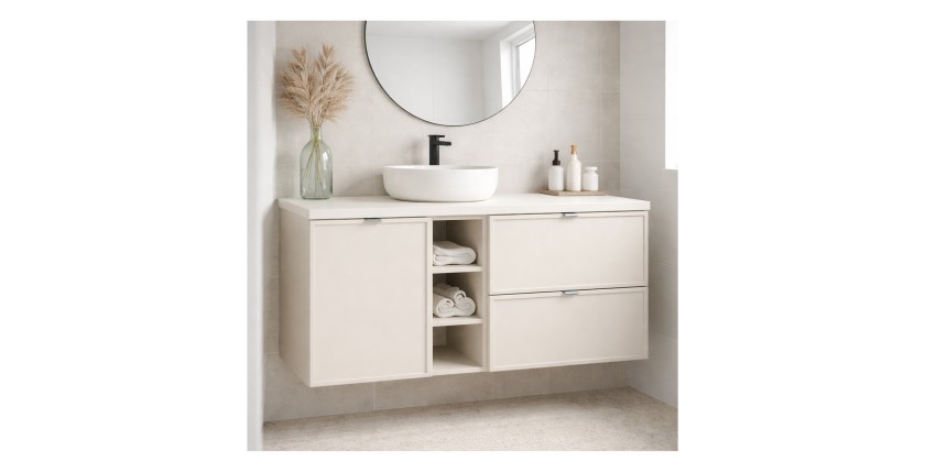 Set BRAZZA: Waschtischunterschrank 120cm mit sichtbaren Nischen und Wäschekorb + Waschtischplatte