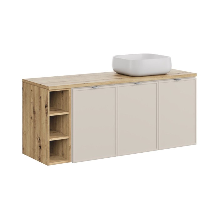 Insieme BRAZZA: mobile sottolavabo con ante 140cm con nicchie a vista + piano per lavabo + lavabo da appoggio quadrato arrotonda