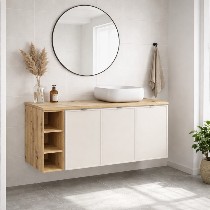 Insieme BRAZZA: mobile sottolavabo con ante 140cm con nicchie a vista + piano per lavabo + lavabo da appoggio quadrato arrotonda
