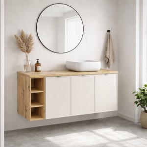 Ensemble BRAZZA : meuble sous vasque à placards, niche visible et vasque à poser carrée arrondie mis en situation