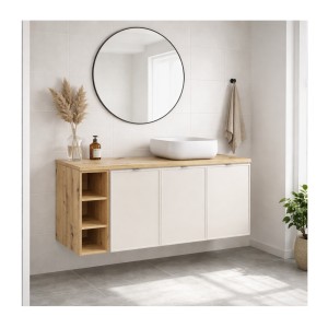 Ensemble BRAZZA : meuble sous vasque à placards, niche visible et vasque à poser carrée arrondie mis en situation