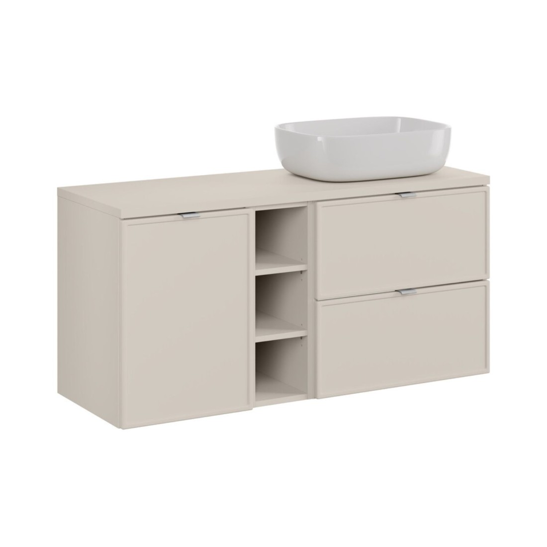 Ensemble BRAZZA : meuble sous vasque à tiroirs, niches visibles, panier à linge et vasque à poser