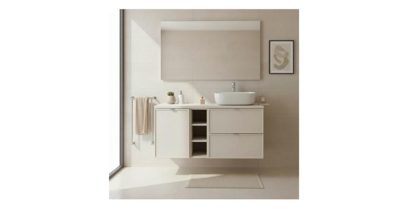 Ensemble BRAZZA : meuble sous vasque à tiroirs, niches visibles, panier à linge et vasque à poser mis en situation