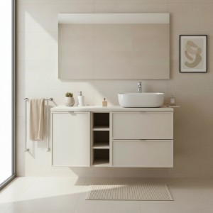 Ensemble BRAZZA : meuble sous vasque à tiroirs, niches visibles, panier à linge et vasque à poser mis en situation