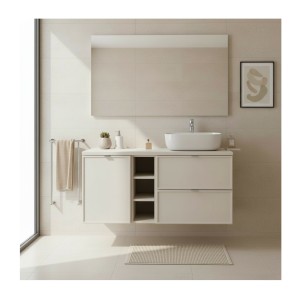 Ensemble BRAZZA : meuble sous vasque à tiroirs, niches visibles, panier à linge et vasque à poser mis en situation