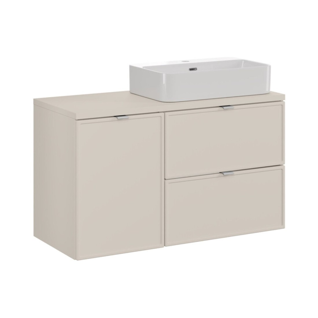 Ensemble BRAZZA 100cm : meuble sous vasque à tiroirs, panier à linge, plan pour vasque et vasque à poser rectangulaire