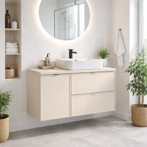 Ensemble BRAZZA 100cm : meuble sous vasque, panier à linge et vasque à poser rectangulaire mis en situation