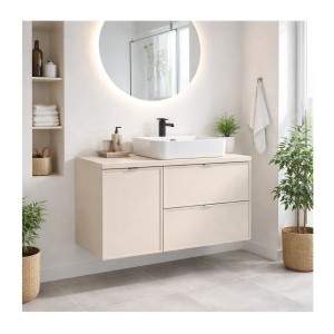 Ensemble BRAZZA 100cm : meuble sous vasque, panier à linge et vasque à poser rectangulaire mis en situation