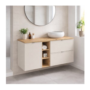 Ensemble BRAZZA 140cm : meuble sous vasque et panier à linge cachemire, niches visibles et plan pour vasque bois mis en scène