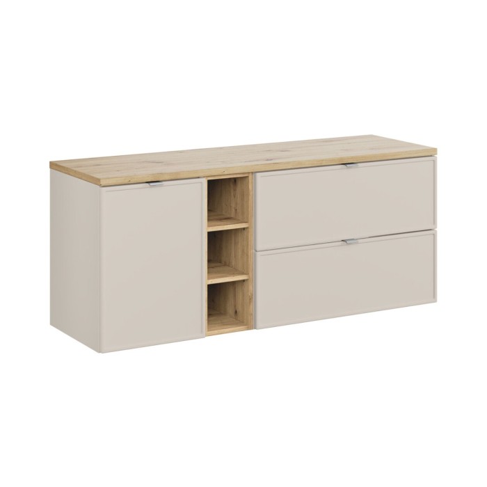 Set BRAZZA: Waschtischunterbau mit Schubladen 140cm mit Wäschekorb und sichtbaren Nischen + Waschtischplatte in Holzoptik