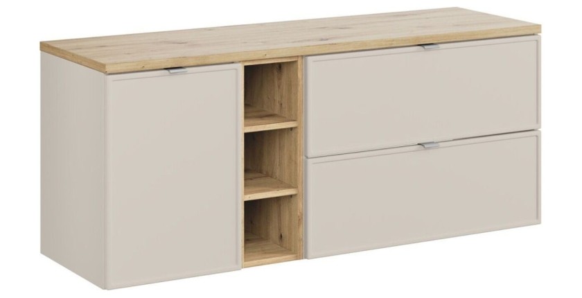 Ensemble BRAZZA 140cm : meuble sous vasque et panier à linge cachemire, niches visibles et plan pour vasque aspect bois