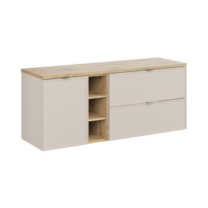 Ensemble BRAZZA 140cm : meuble sous vasque et panier à linge cachemire, niches visibles et plan pour vasque aspect bois