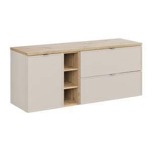 Ensemble BRAZZA 140cm : meuble sous vasque et panier à linge cachemire, niches visibles et plan pour vasque aspect bois