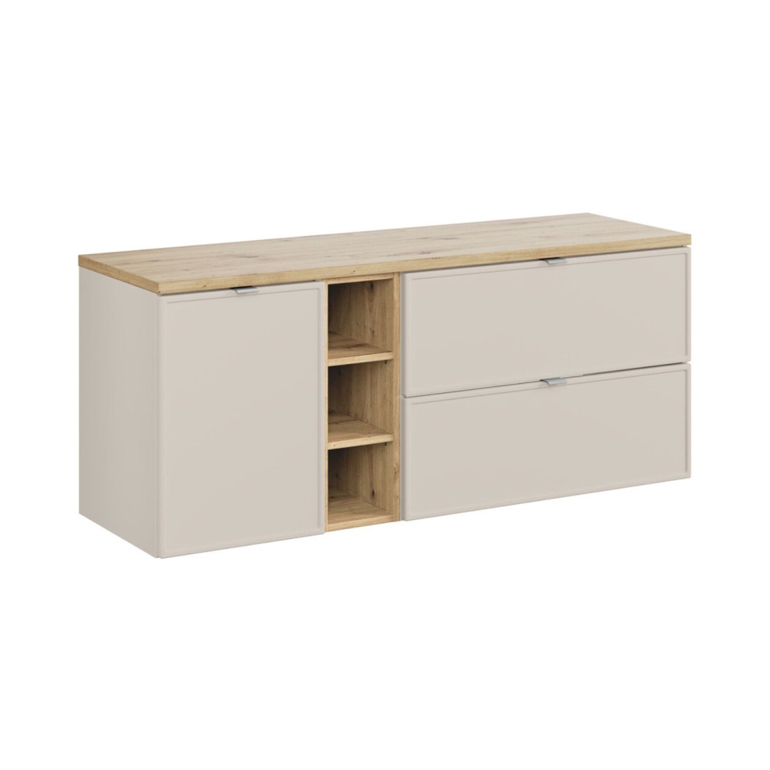 Ensemble BRAZZA 140cm : meuble sous vasque et panier à linge cachemire, niches visibles et plan pour vasque aspect bois