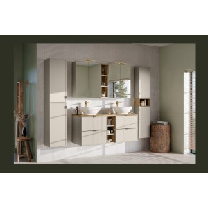 Colonne de rangement BRAZZA composé de deux meubles de rangement cachemire et d'une niche ouverte aspect bois mise en situation