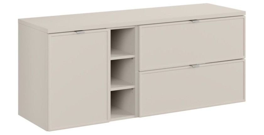 Ensemble BRAZZA 140cm : meuble sous vasque, niches visibles, panier à linge et plan pour vasque cachemire