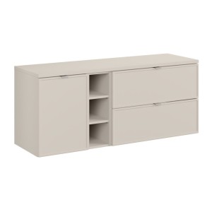 Ensemble BRAZZA 140cm : meuble sous vasque, niches visibles, panier à linge et plan pour vasque cachemire