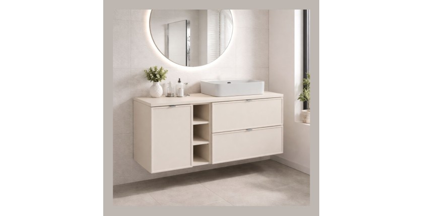 Ensemble BRAZZA 140cm : meuble sous vasque, niches visibles, panier à linge et plan pour vasque cachemire mis en situation