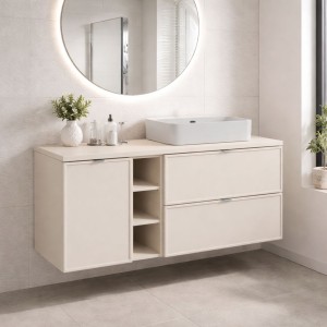 Ensemble BRAZZA 140cm : meuble sous vasque, niches visibles, panier à linge et plan pour vasque cachemire mis en situation