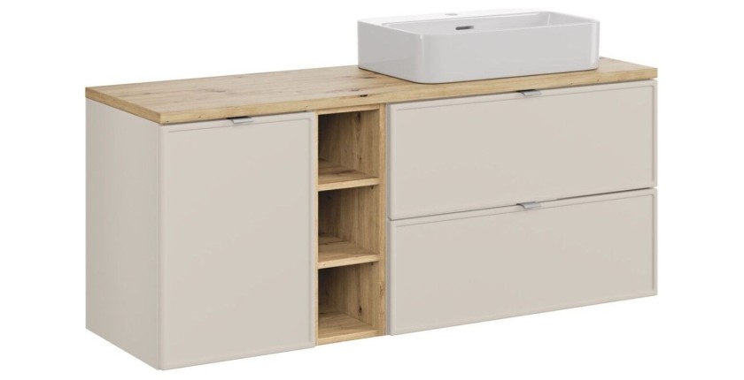 Ensemble BRAZZA : meuble sous vasque et panier à linge cachemire, niches visibles et plan pour vasque bois, vasque à poser