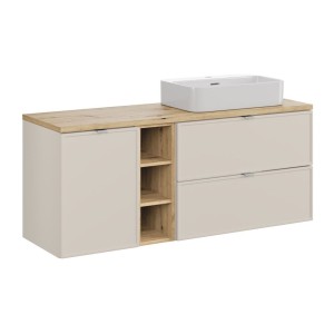 Ensemble BRAZZA : meuble sous vasque et panier à linge cachemire, niches visibles et plan pour vasque bois, vasque à poser