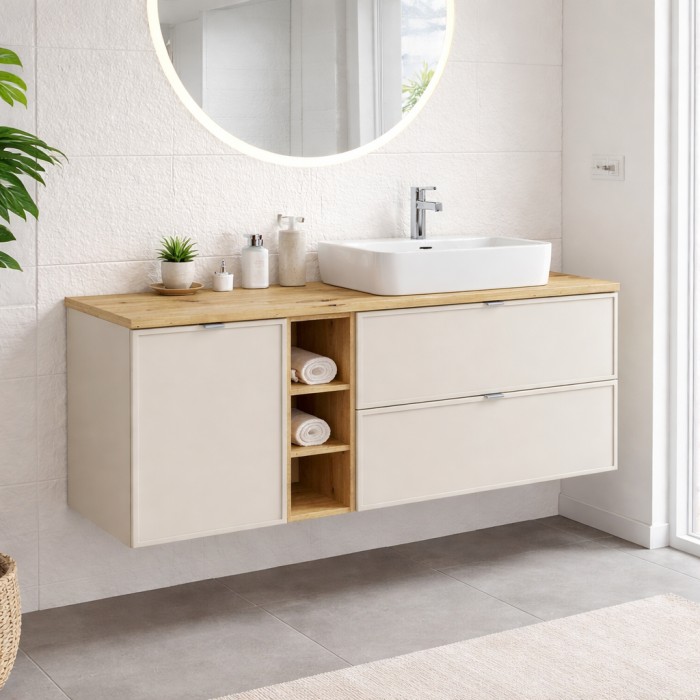 Insieme BRAZZA: mobili sottolavabo con cassetti 140cm con cesto della biancheria e nicchie visibili + top per lavabo + lavabo da