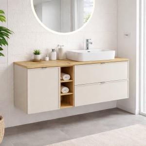 Ensemble BRAZZA : meuble sous vasque et panier à linge cachemire, niches visibles et plan bois, vasque à poser mis en situation