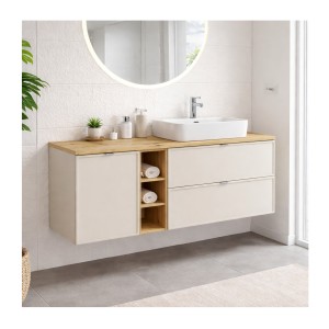 Ensemble BRAZZA : meuble sous vasque et panier à linge cachemire, niches visibles et plan bois, vasque à poser mis en situation