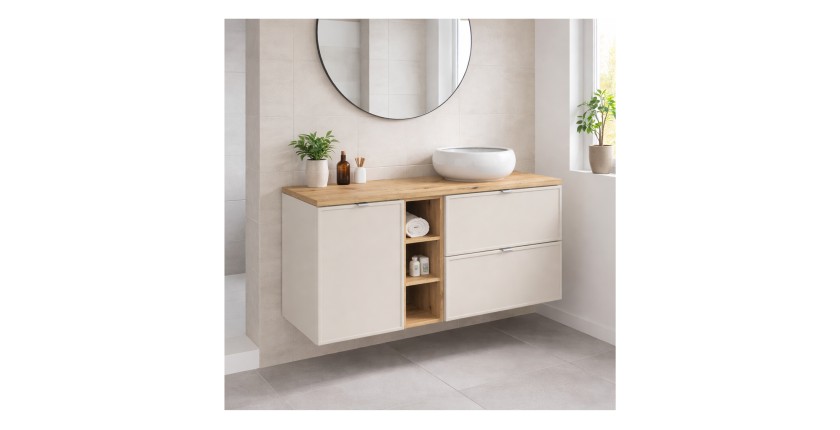 Ensemble BRAZZA : meuble sous vasque et panier à linge cachemire, niches visible et plan pour vasque aspect bois dans un décor